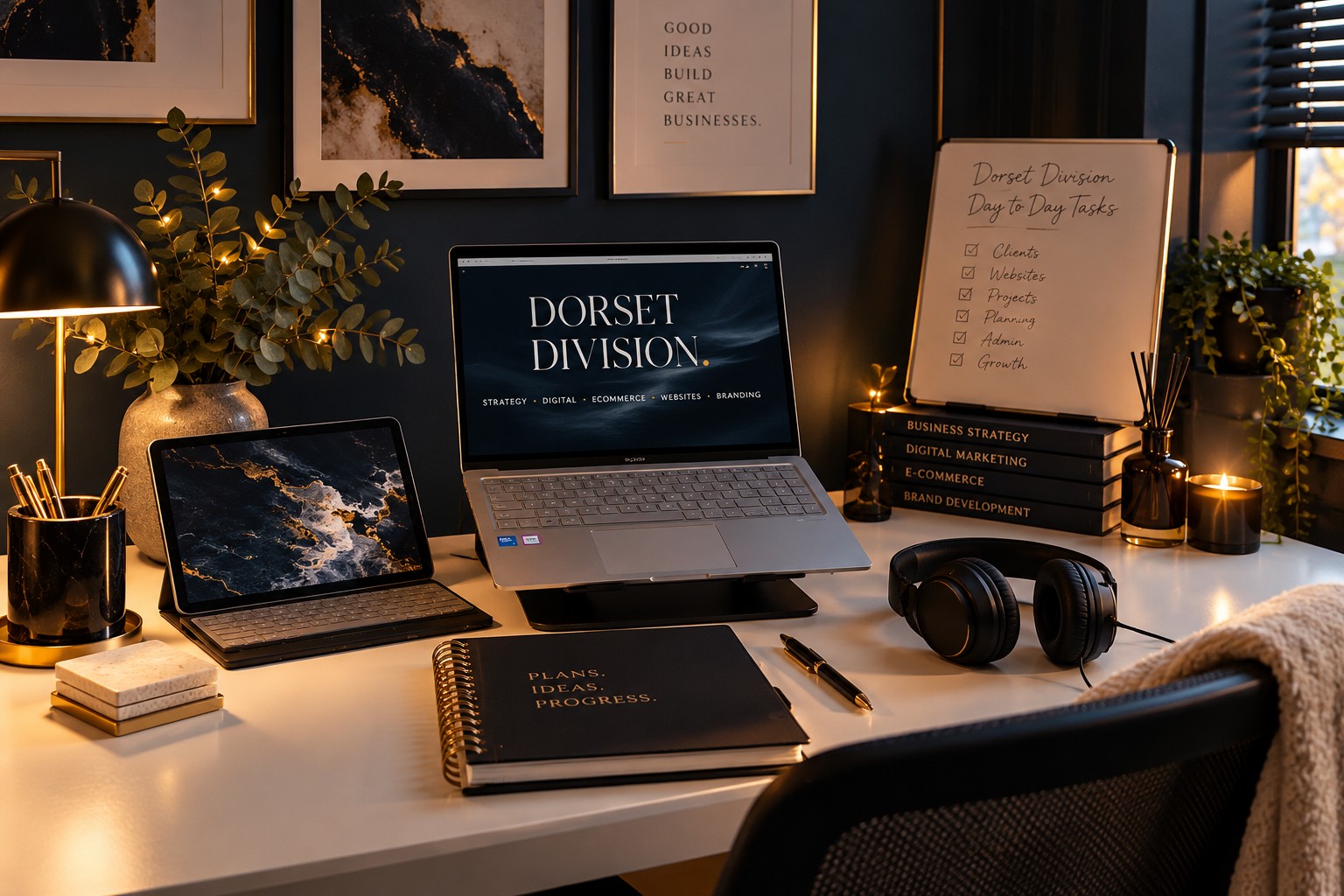Dorset Division workspace in navy, cream and gold