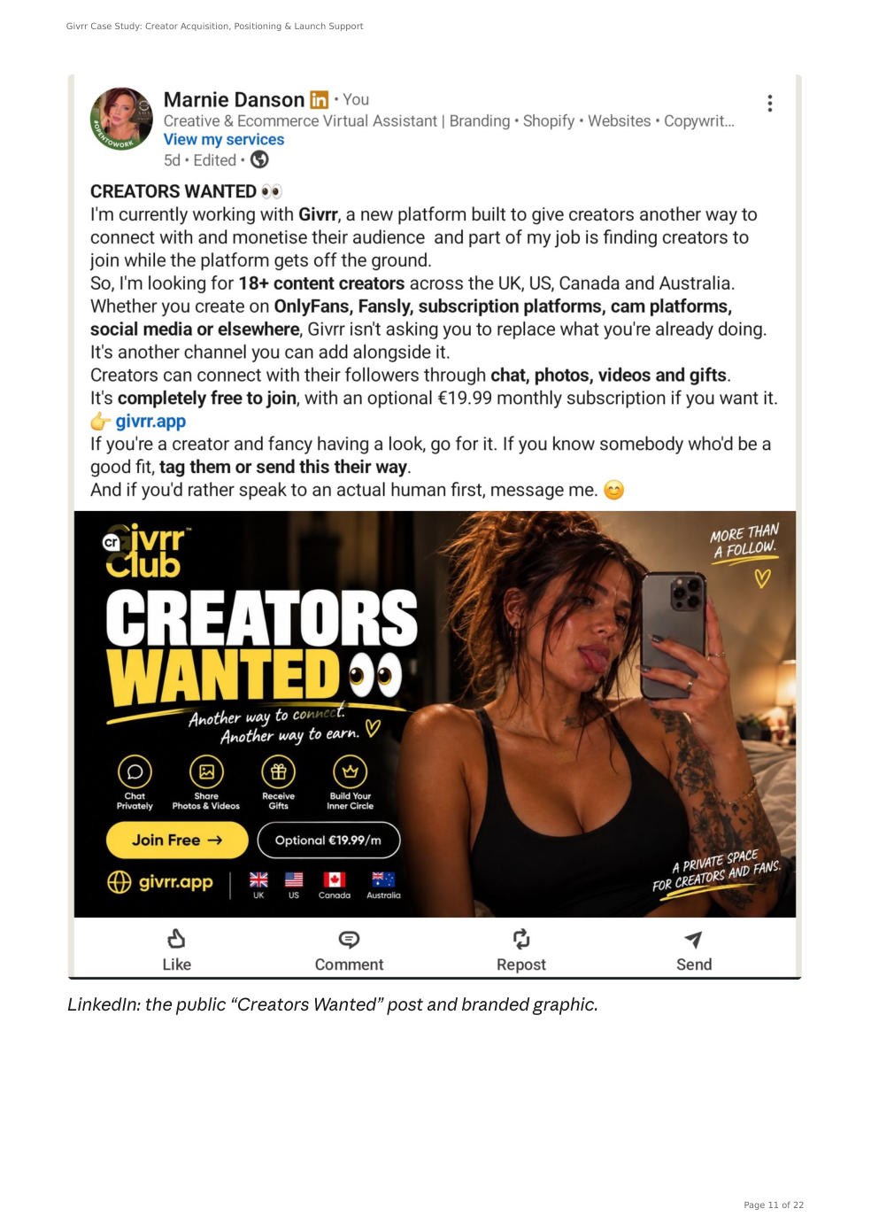 Screenshot of Givrr creator recruitment post from the actual case study