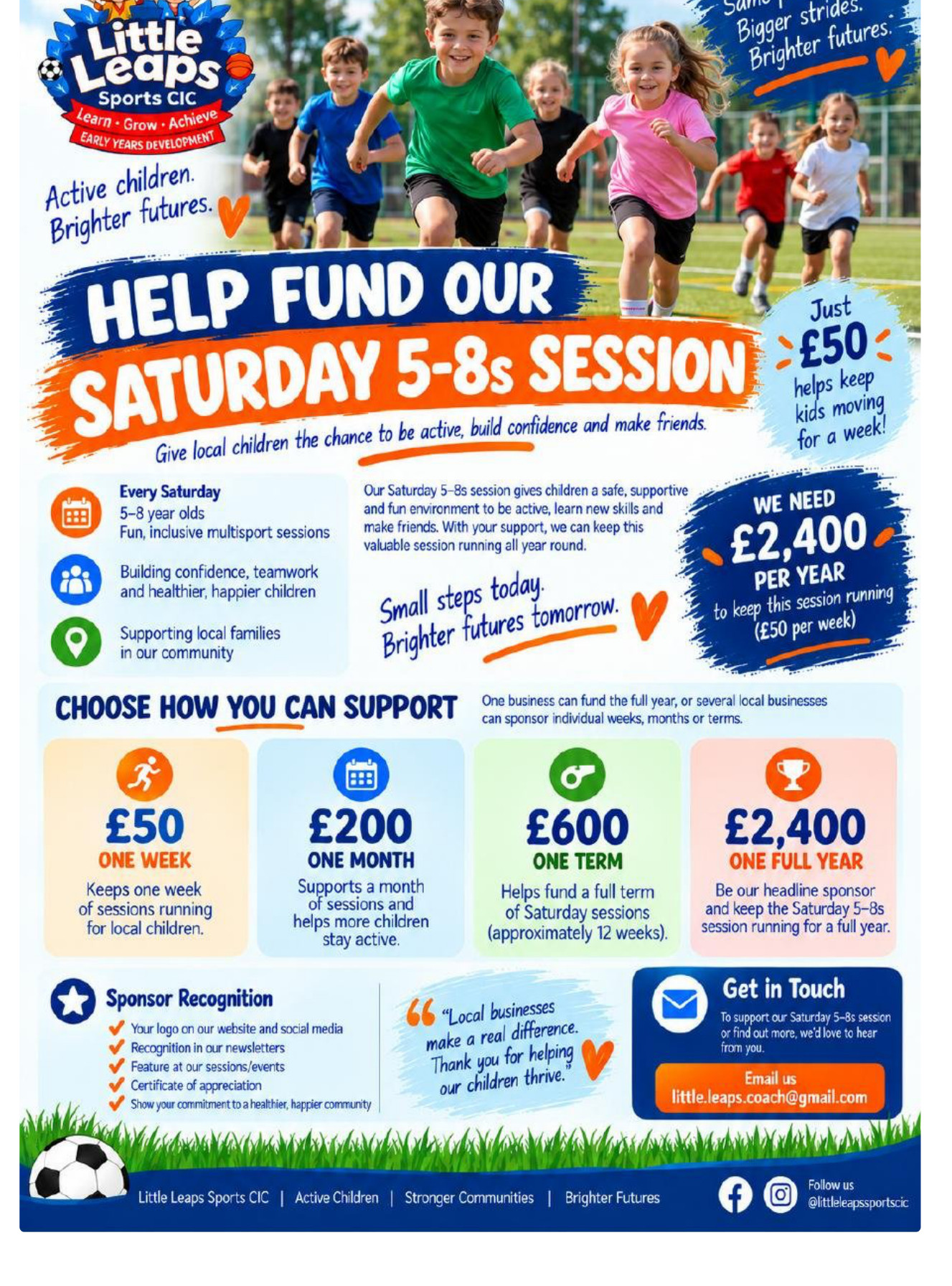 Actual Little Leaps Saturday 5–8s sponsorship campaign flyer