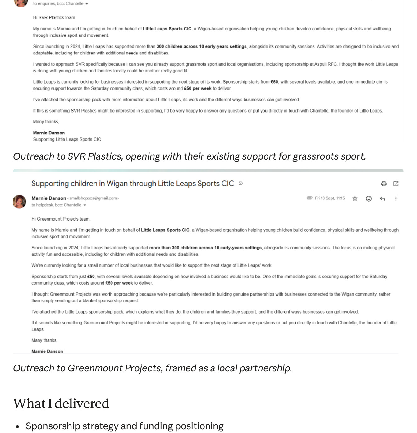 Real personalised sponsor outreach examples included in the original case study